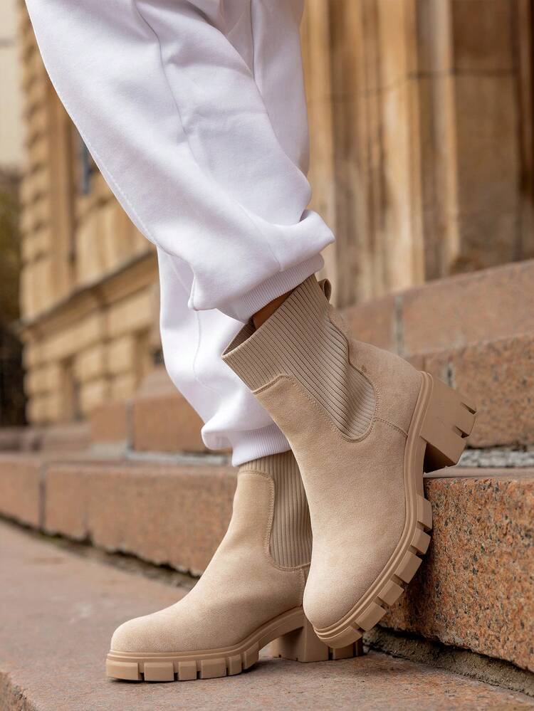 Botas De Plataforma De Chelsea Para Mujer Con Suela Gruesa Estilo Lug, Botines De Tacón Grueso Hasta La Pantorrilla Estilo Medio Deslizables, De Croché Elástico En Color Beige - Albaricoque - Añade 4