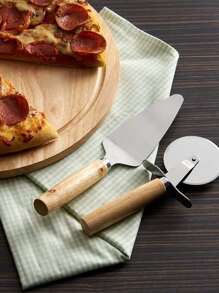 Kit Pizza 3 Peças. Bandeja, Espátula e  Cortador. Bambu e Inox - Marrom Claro - Visão 1