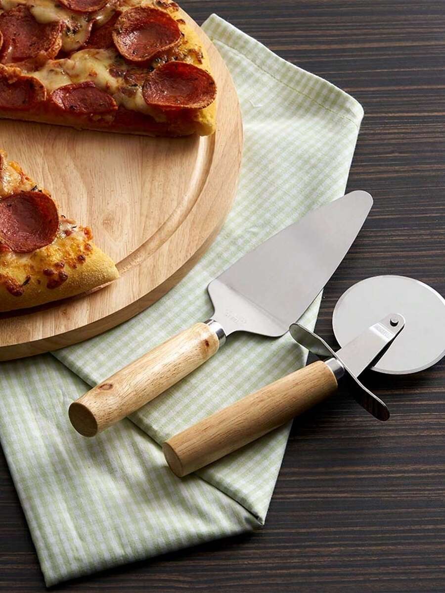 Kit Pizza 3 Peças. Bandeja, Espátula e  Cortador. Bambu e Inox - Marrom Claro - Visão 1