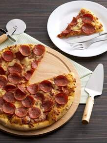 Kit Pizza 3 Peças. Bandeja, Espátula e  Cortador. Bambu e Inox - Marrom Claro - Visão 2