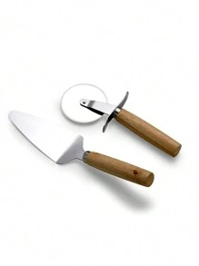 Kit Pizza 3 Peças. Bandeja, Espátula e  Cortador. Bambu e Inox - Marrom Claro - Visão 7