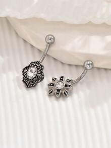 1pc Or 2pcs/set Vintage Silver Stainless Steel Navel Rings With Starfish & Shield Design And Rhinestone Decor, Unisex Belly Button Piercing Jewelry - Antique Silver - View 3