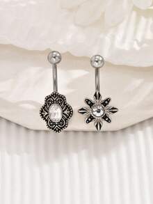 1pc Or 2pcs/set Vintage Silver Stainless Steel Navel Rings With Starfish & Shield Design And Rhinestone Decor, Unisex Belly Button Piercing Jewelry - Antique Silver - View 2