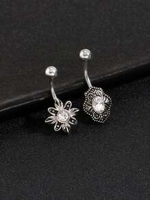 1pc Or 2pcs/set Vintage Silver Stainless Steel Navel Rings With Starfish & Shield Design And Rhinestone Decor, Unisex Belly Button Piercing Jewelry - Antique Silver - View 4