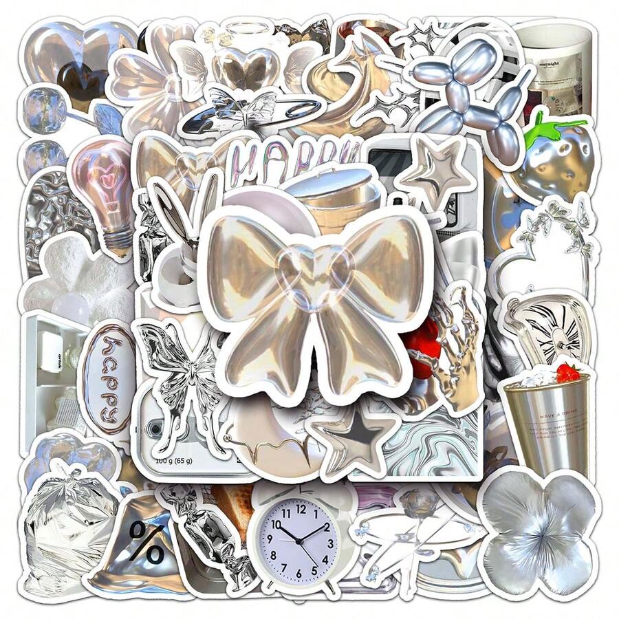50pcs Silver Ins Style Creative Waterproof Decorative Stickers For Flat Phones, Luggage, Cups Diy Decoration - Multicolor - View 1
