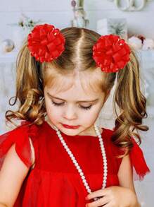 2入組/袋大紅色毛球花簪子,適用於女孩 - 紅色 - 查看 3