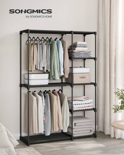 SONGMICS Portable Closet, Freestanding Closet Organizer, Clothes Rack With Shelves, Hanging Rods, Storage Organizer, For Cloakroom, Bedroom, 48.8 X 16.9 X 71.7 Inches, Black, Taupe