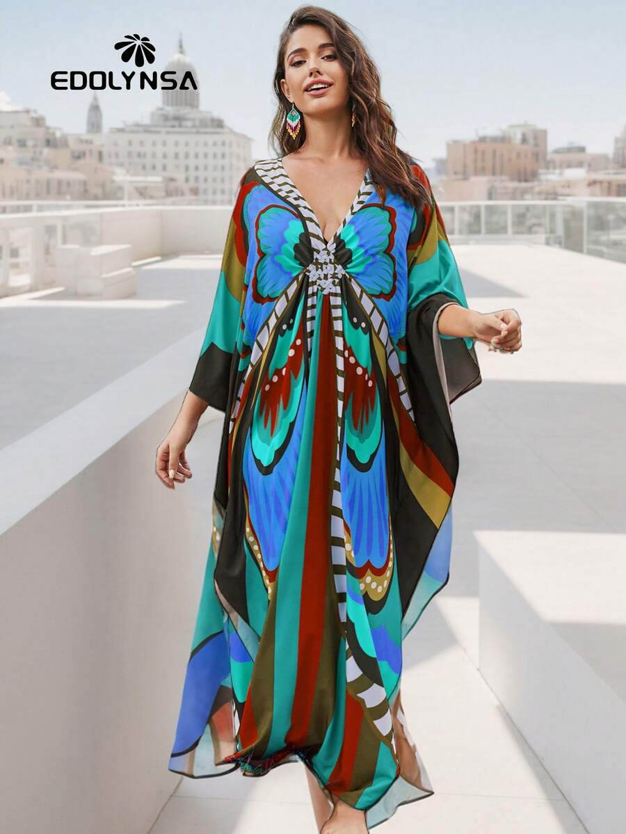 Butterfly Print Split Hem House Dress Kaftan Vacation
