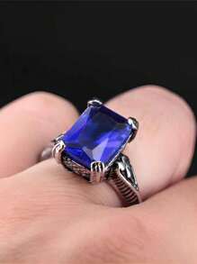 1個歐美復古藍寶石嵌入矩形時尚男士戒指,適合日常穿戴 - 復古銀色 - 查看 9