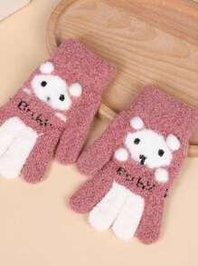 1對兒童手套,秋冬季女孩可愛編織五指保暖手套男女童卡通嬰兒手套 - 玫紅色 - 查看 1