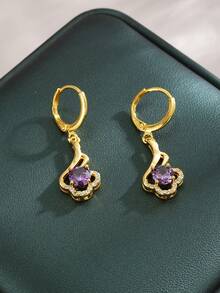 3pcs/Set Purple Cubic Zirconia Teardrop Shaped Pendant Necklace And Earrings For Women, Stainless Steel Material - Gold - View 3