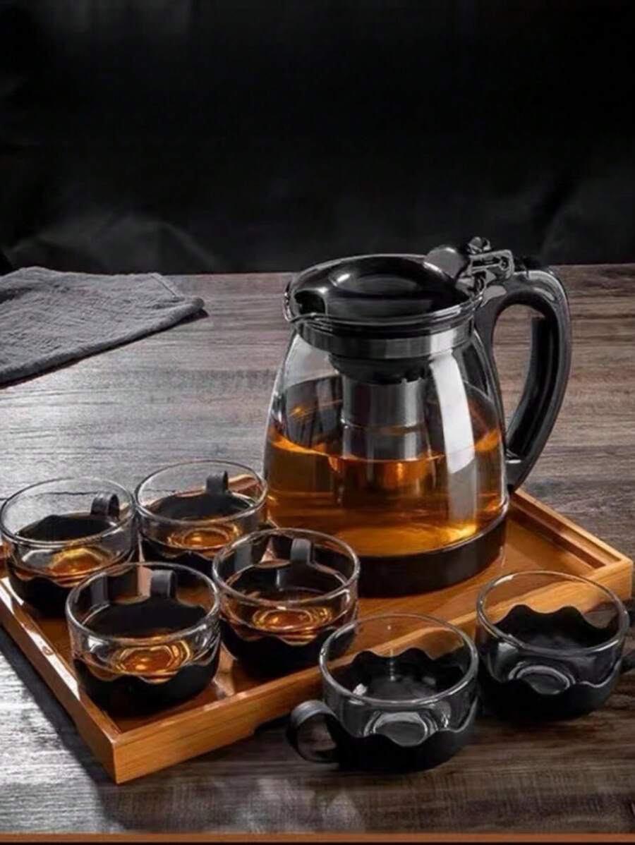 1set Heat Resistant Glass Tea Pot With Filter And 4 Cups, Chinese Kungfu Tea Set - Black - View 1
