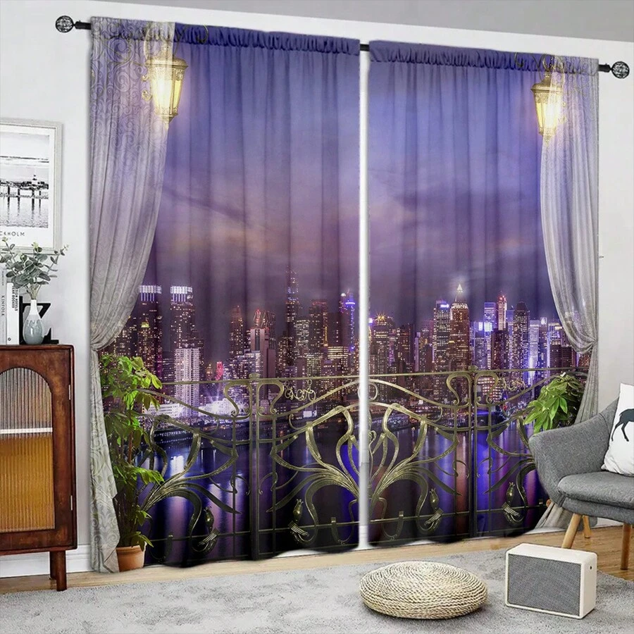 2pcs Night View Curtain, Window Treatment For Bedroom Living Room Kitchen Study Room Home Decor - Violet Purple - View 1
