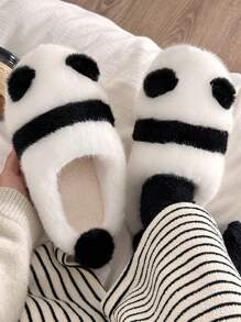 女士舒服厚底長毛絨臥室拖鞋,休閒動物熊貓圖案室內室內便鞋 - 黑與白 - 查看 2