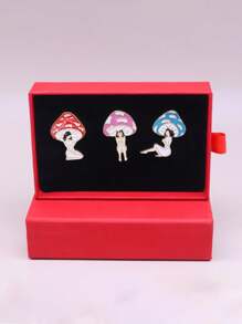 3 Piezas/set Juego De Broches Con Forma De Chica De Hongos De Dibujos Animados En Caja - Multicolor - Ver 1