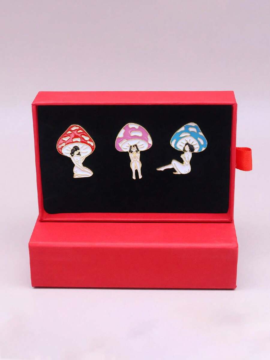 3 Piezas/set Juego De Broches Con Forma De Chica De Hongos De Dibujos Animados En Caja - Multicolor - Ver 1