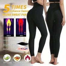 1條高腰無縫緊身褲桑拿出汗褲瑜伽緊身衣,帶有彈性腰band和3排鉤眼扣,運動褲全層桑拿褲女性出汗褲 - 藍色 - 查看 2