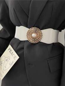 1pc Women's Wide Metal & Pearl Textured Cutout Waist Belt For Slimming And Dressing Up Suits In Any Season - White - View 1