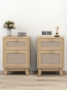 Modern Set Of 2 Rattan Nightstand End Table Drawer Storage Space Natural Side Table For Bedroom, Living Room