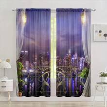 2pcs Night View Curtain, Window Treatment For Bedroom Living Room Kitchen Study Room Home Decor - Violet Purple - View 8