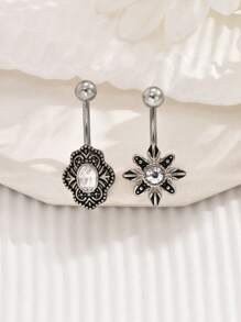 1pc Or 2pcs/set Vintage Silver Stainless Steel Navel Rings With Starfish & Shield Design And Rhinestone Decor, Unisex Belly Button Piercing Jewelry - Antique Silver - View 9