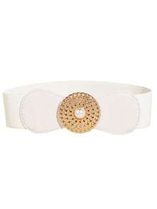 1pc Women's Wide Metal & Pearl Textured Cutout Waist Belt For Slimming And Dressing Up Suits In Any Season - White - View 2