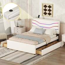 MERAX Queen Size Upholstered Storage Platform Bed With LED, 4 Drawers And USB Charging - trắng - Xem 1