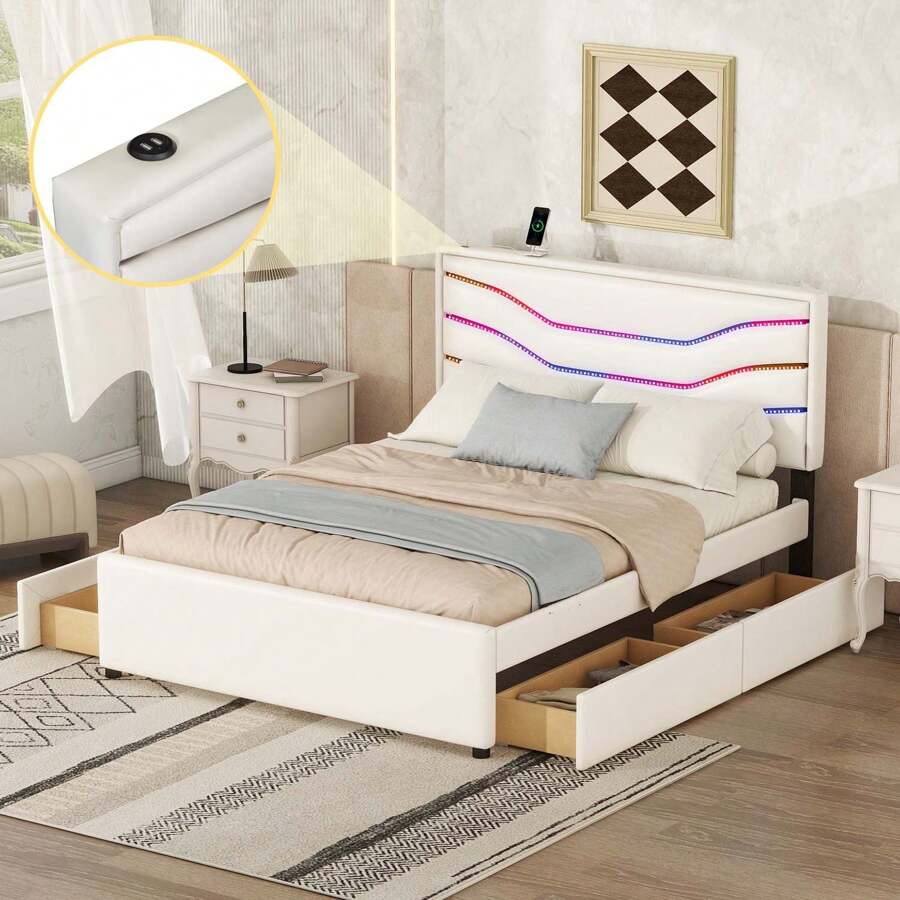 MERAX Queen Size Upholstered Storage Platform Bed With LED, 4 Drawers And USB Charging - trắng - Xem 1