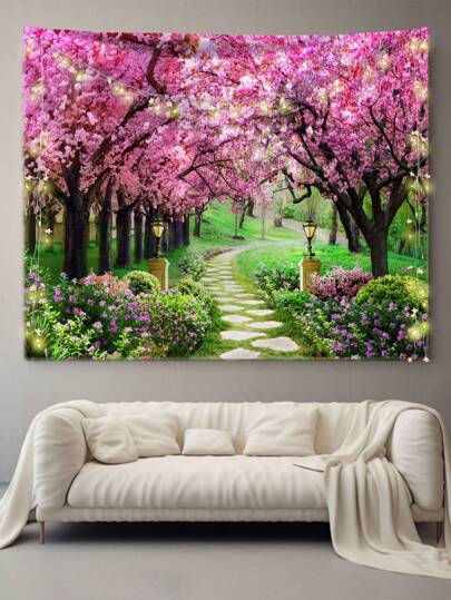 1pc Textile Wall Tapestry With Pink Forest Window Pattern, Comes With 3 Wall Nails And 2 Clips, Printed Rectangular Bedroom Wall Decoration Fabric With Draping Sensation, Natural Atmosphere Decor, Flag For Room, Room Decor, Tapestry, Wall Art ,Room Stuffs, Flags For Room, Home Decor, Pink Tapestry