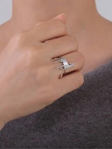 1pc Stainless Steel Cute Kissing Fish, Deer, Bear Ring For Women, Fashionable Accessory For Date, Christmas Gift - Animal - View 7