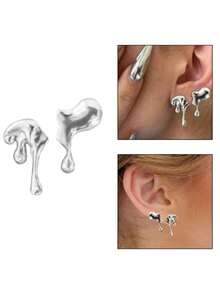 一对不对称液态金属镂空耳环，嘻哈朋克风，时尚个性长款耳环，女士旅行配饰 - 熔岩 - 查看 4