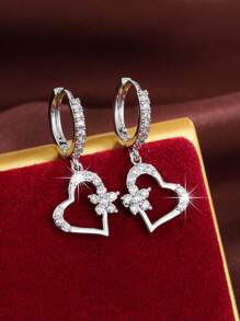 1pair Fashionable Zinc Alloy Heart Shaped Earrings With Inlaid - Silver - View 1