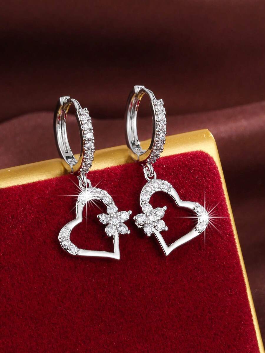 1pair Fashionable Zinc Alloy Heart Shaped Earrings With Inlaid - Silver - View 1