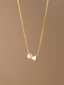 BALMORA 1件 S925純銀復古簡約優雅甜美珍珠心形吊墜金吊墜項鍊，適用於女性女孩時尚潮流領帶鏈日常生活派對珠寶禮物 - 金色 - 查看 3