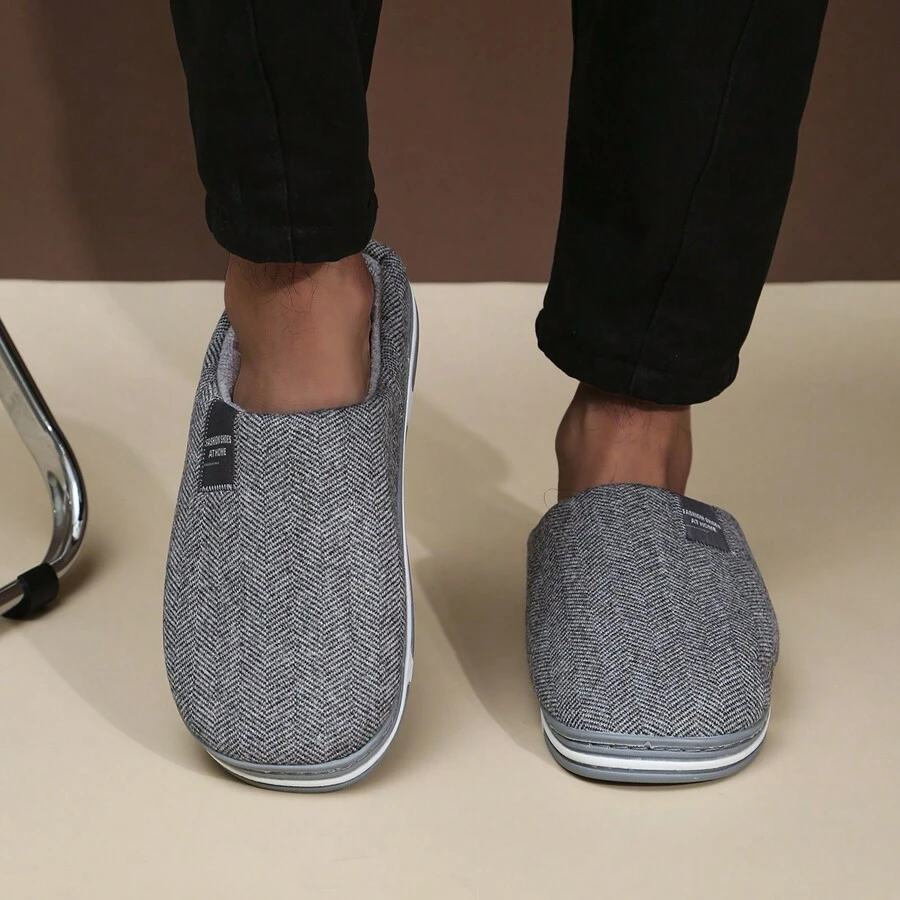 OBOVAY 纯色男士舒适拖鞋，加厚柔软情侣拖鞋，带绒面内衬 - 灰色 - 查看 1