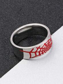 1只銀色不銹鋼紅色蜘蛛網狀戒指，時尚潮流男士戒指，適合日常裝扮、送禮或節日佩戴 - 銀色 - 查看 3