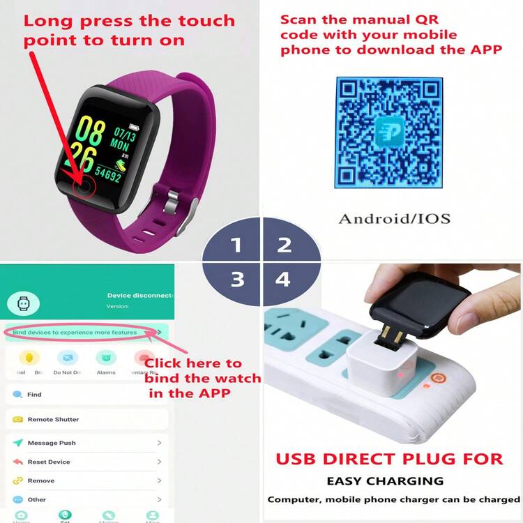 1 Dây đeo TPU màu tím cho nam nữ Thể thao Lịch báo thức Theo dõi nhịp tim 24 giờ Theo dõi giấc ngủ Đồng hồ thông minh mặt vuông, tương thích với Android iPhone - Màu tím - Xem 9