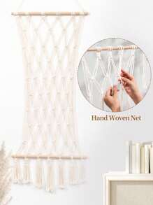 SUMGAR Makramee Wandbehang Boho Fotowand Collage mit 30 Holzklammern Gewebte Wandrahmen Modern Natur Bilderrahmen Collage Hochzeitsfeier Fotoseil Hängender Boho Deko, 42 x 100cm