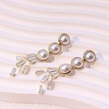 S925銀針耳環,鑲嵌長珍珠和鋯石的優雅經典設計,修飾面型 - 白色 - 查看 3