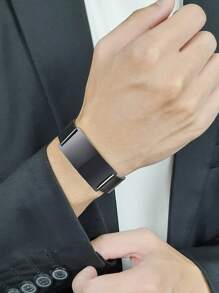 1 Piece Stainless Steel Black Curved Mesh Strap Simple Bracelet For Men Daily - Black - View 2