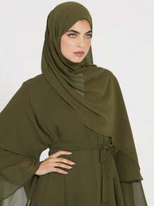 1件雙層紗質阿巴亞禮服,寬鬆休閒款,純色設計,沙特阿拉伯迪拜風格,大尺碼女性長袍開衫外套 - 橄欖綠 - 查看 5