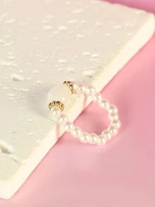 1個時尚簡約法式風格珍珠和石頭裝飾女戒指 - 白色石頭珍珠戒指 - 查看 2