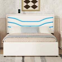 MERAX Queen Size Upholstered Storage Platform Bed With LED, 4 Drawers And USB Charging - trắng - Xem 2