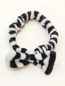 1pc Colorful Striped Hairband, Soft Plush Headband, Bowtie Hair Hoop For Toddler Girls' Washing Face & Makeup & Bath & Party & Pajamas, Adjustable - Black - View 2