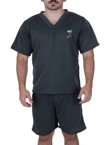 Men's Short Pajama Set - Adult Short-Sleeved V-Neck Shirt And Shorts - Dark Green - View 2