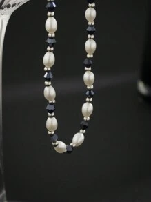 1pc Fashionable And Simple Manmade Crystal Faux Pearl Necklace For Men's Daily Wear - Multicolor - View 4