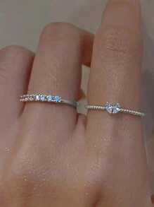 2 件/套 Y2k 心形水钻情侣戒指，非常适合情侣、约会、度假、圣诞节、情人节礼物情人节、妈妈、母亲、母亲节、礼物 - 銀色 - 查看 2