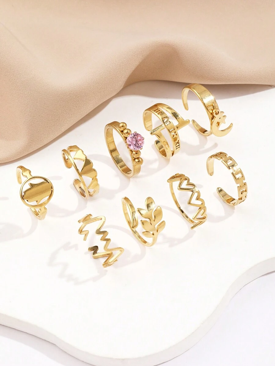 9款不銹鋼金色黃色女戒指套裝,可調節大小,羅馬字母、愛心、粉紅色系列,時尚簡約,適合日常佩戴 - 金黃色 - 查看 1