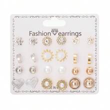 12對/套花鑲貝母心形草莓耳釘套裝,簡約金色女孩耳環,日常耳環套裝 - 彩色 - 查看 1
