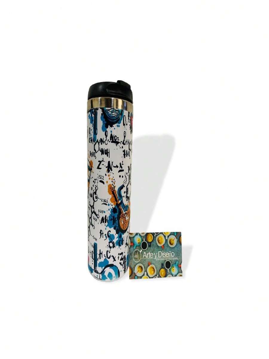 Termo de acero inoxidable de 400 ml, estampado collage elementos de Química, materia, ciencia. Regalo profesores, estudiantes - Blanco - Ver 1